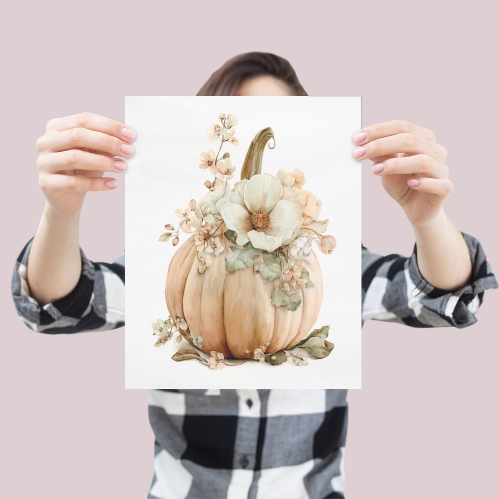 Watercolor Pumpkin with Flowers Wall Art Print Unframed - Cozy Autumn Elegance - Picture 5 of 7